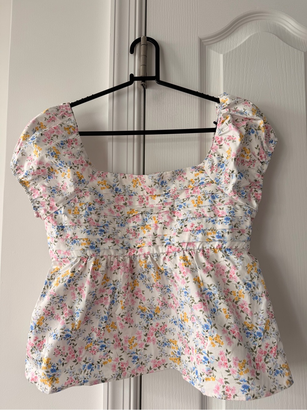 Women's Floral Square-Neck Peplum Top - White with Pink, Blue & Yellow Floral